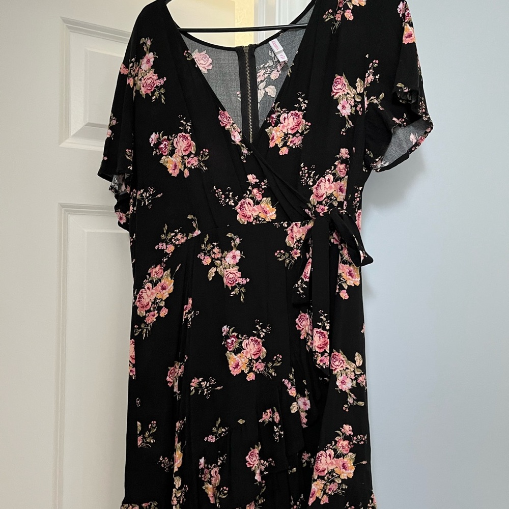 Xhilaration Pink Floral Wrap Midi Dress with Flutter Sleeves